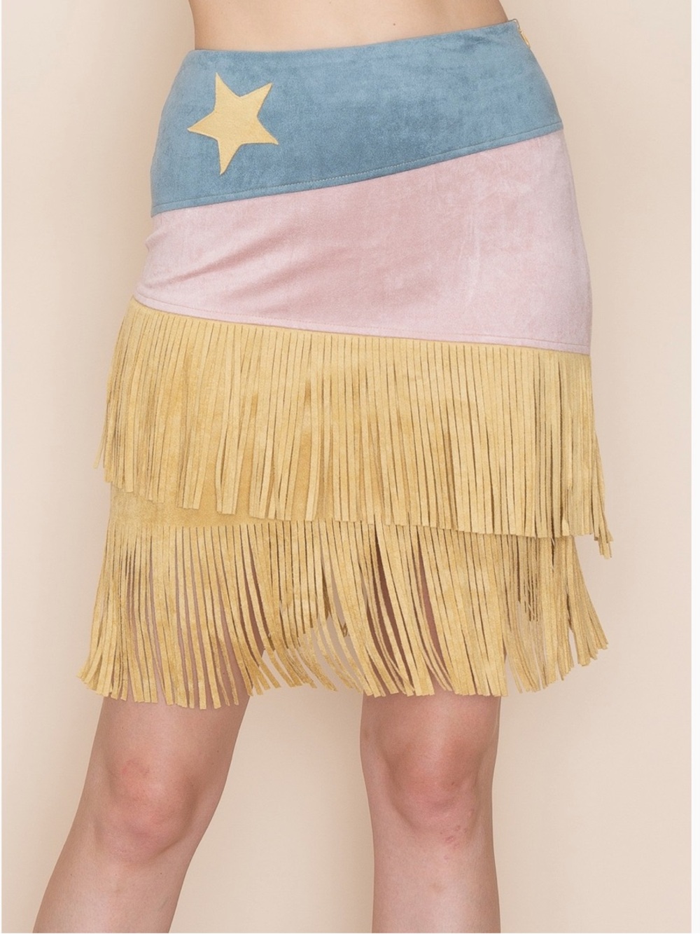 Vocal Color Block Star Patched Fringe Suede Skirt Size Small NWTS